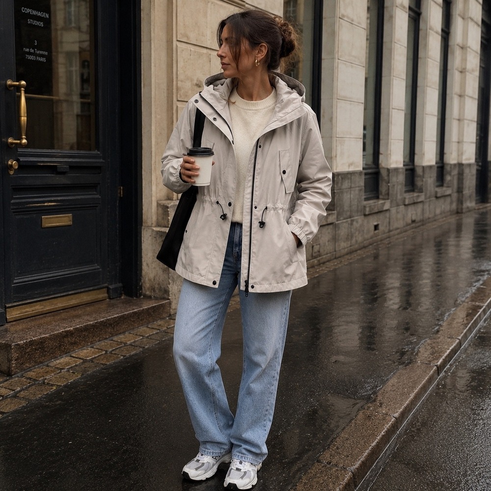 Noize Medium Beige Hooded Utility Rain Jacket Lightweight Windbreaker Gorpcore